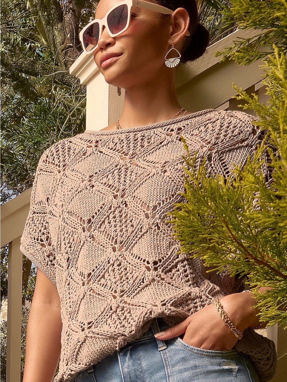 Maurices Beige Open-Knit Short Sleeve Sweater